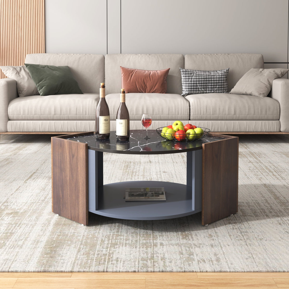 Coffee Table, Textured with Unique Lines, Marble/Walnut Contrast