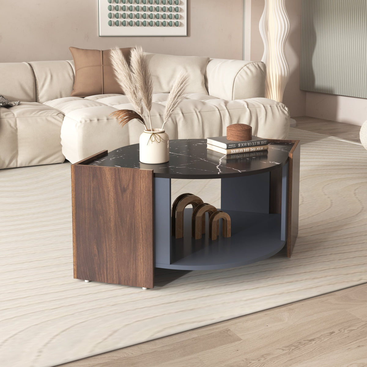 Coffee Table, Textured with Unique Lines, Marble/Walnut Contrast
