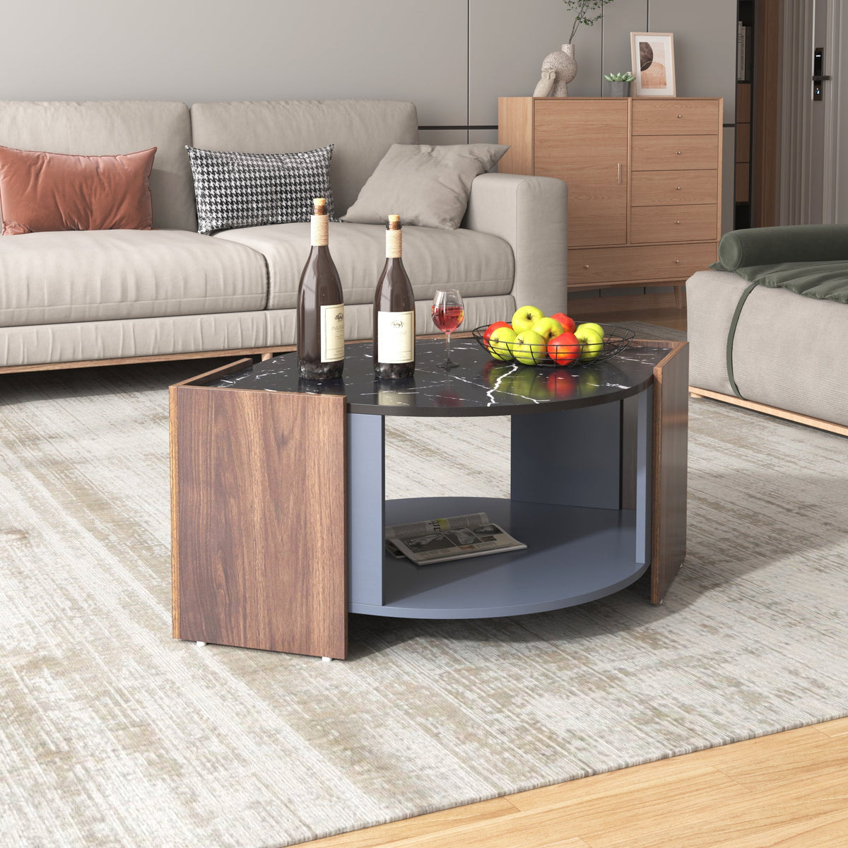 Coffee Table, Textured with Unique Lines, Marble/Walnut Contrast