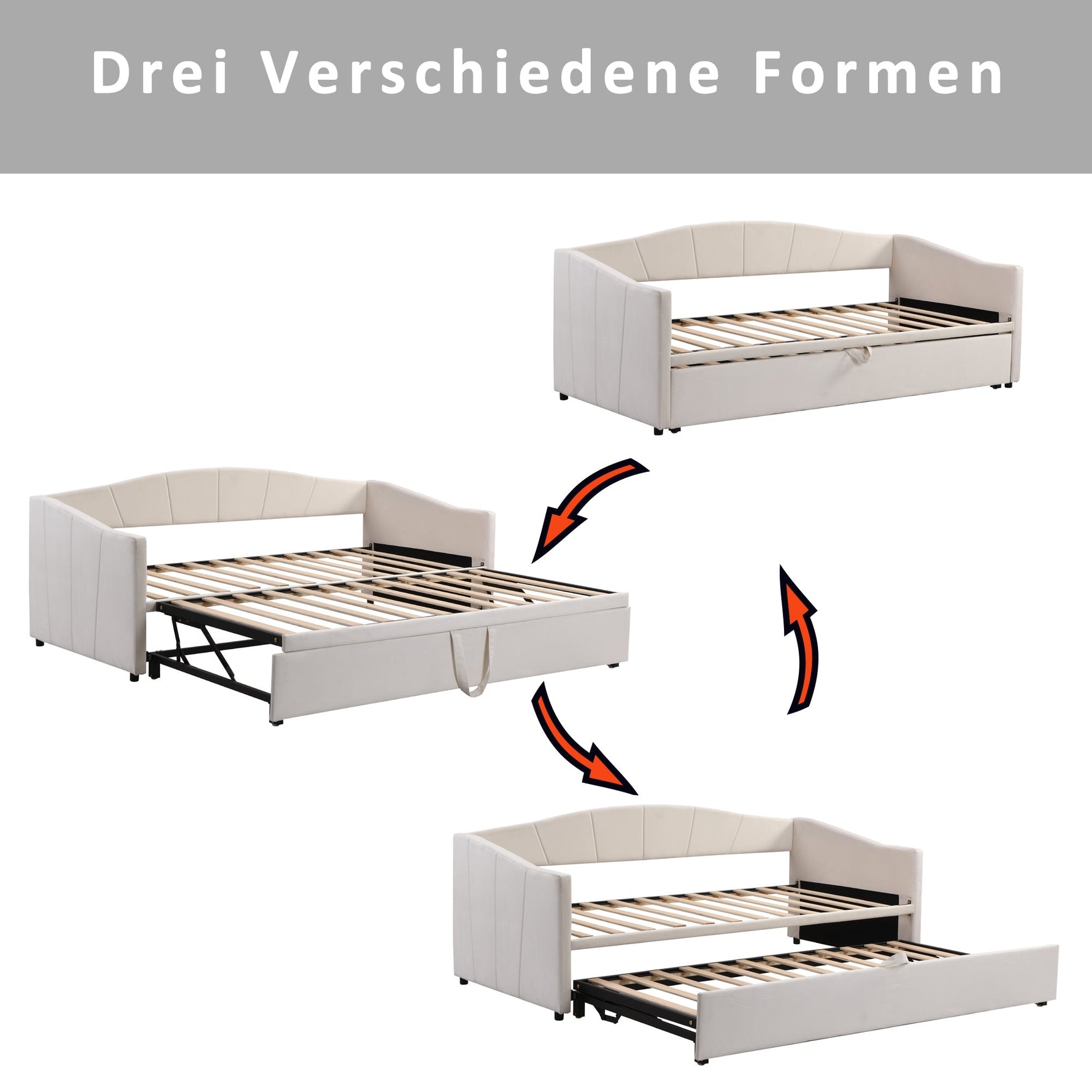 Upholstered Bed, Pull-out Sofa Bed 90/180*200 cm, Slatted Frames, Velvet Fabric, Beige