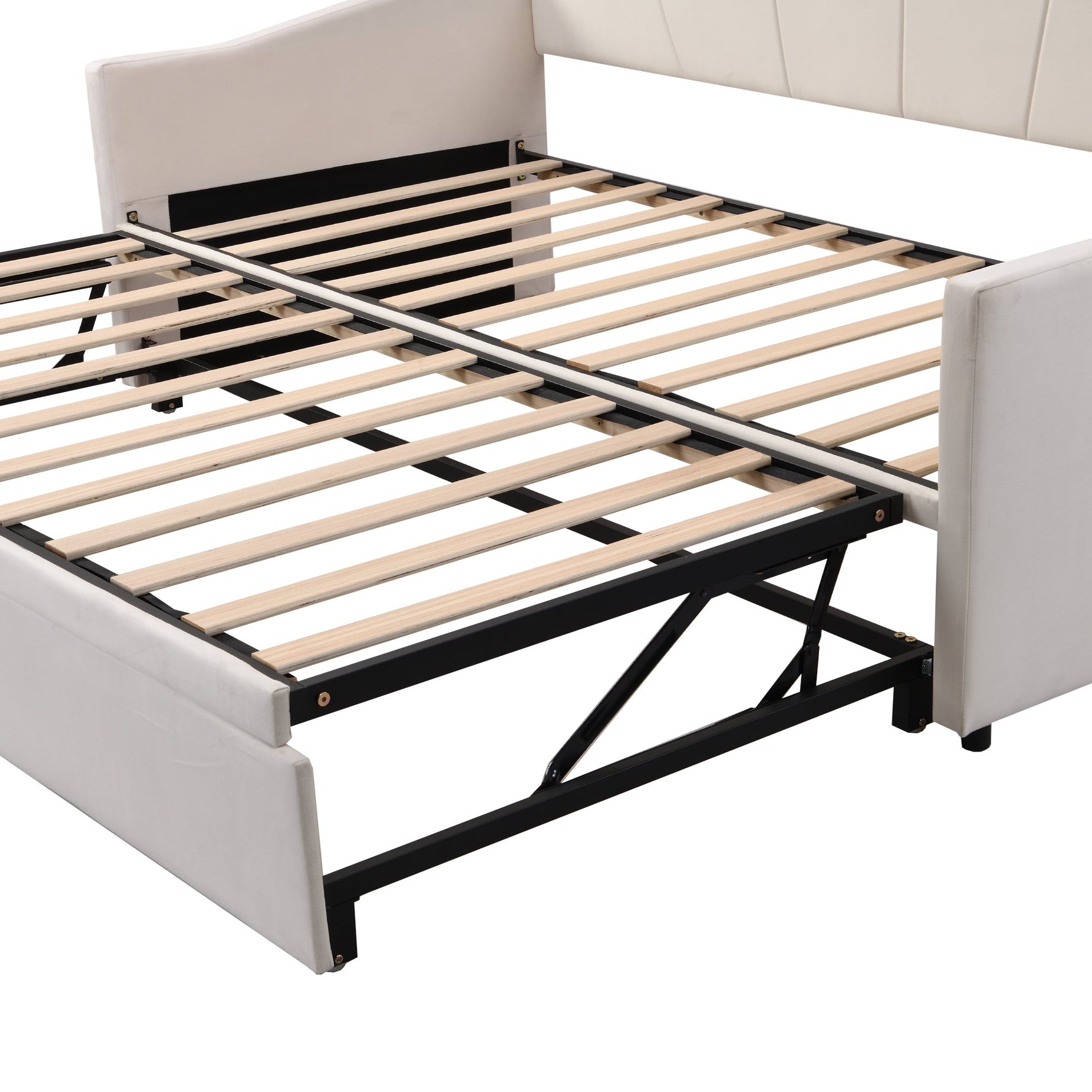 Upholstered Bed, Pull-out Sofa Bed 90/180*200 cm, Slatted Frames, Velvet Fabric, Beige