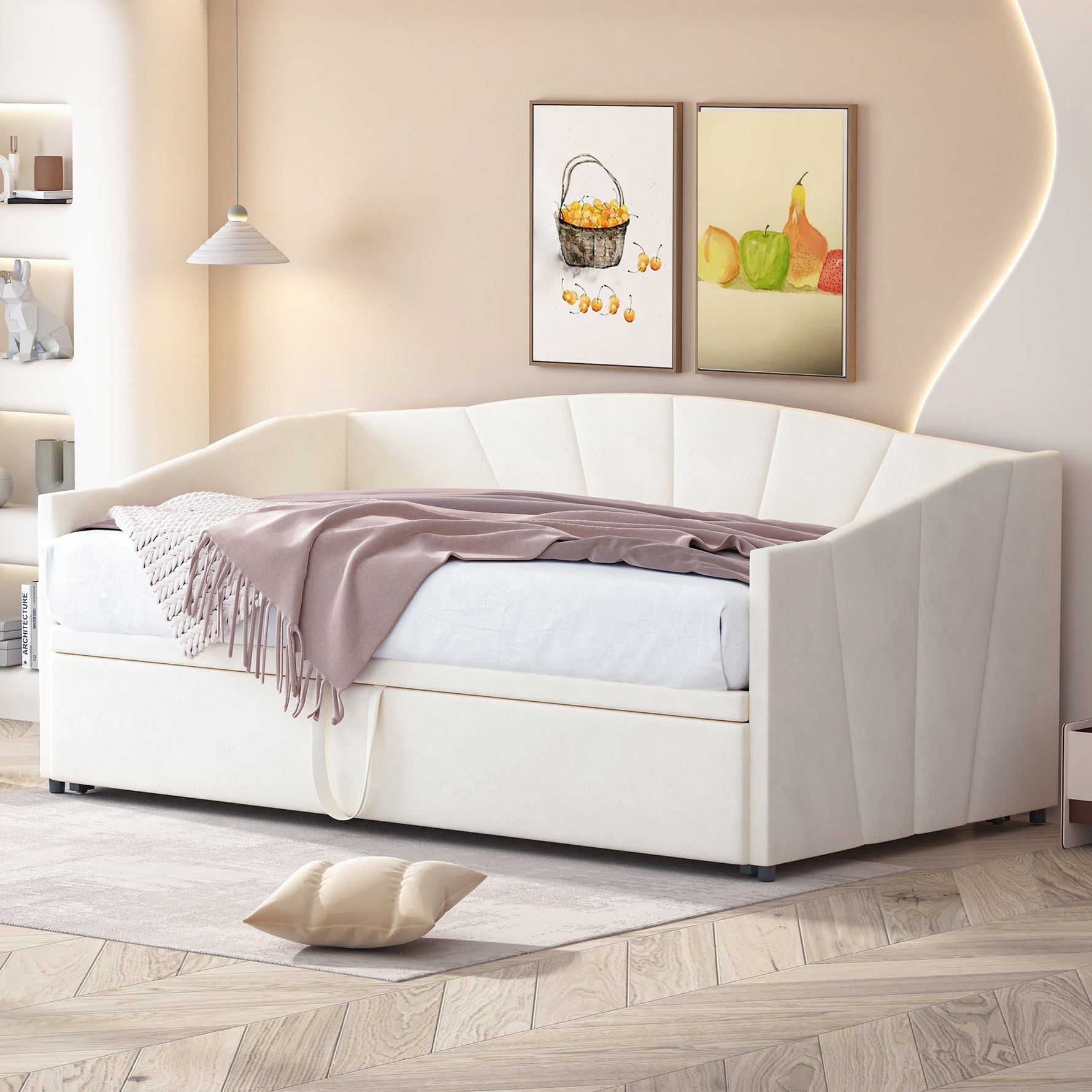 Upholstered Bed, Pull-out Sofa Bed 90/180*200 cm, Slatted Frames, Velvet Fabric, Beige