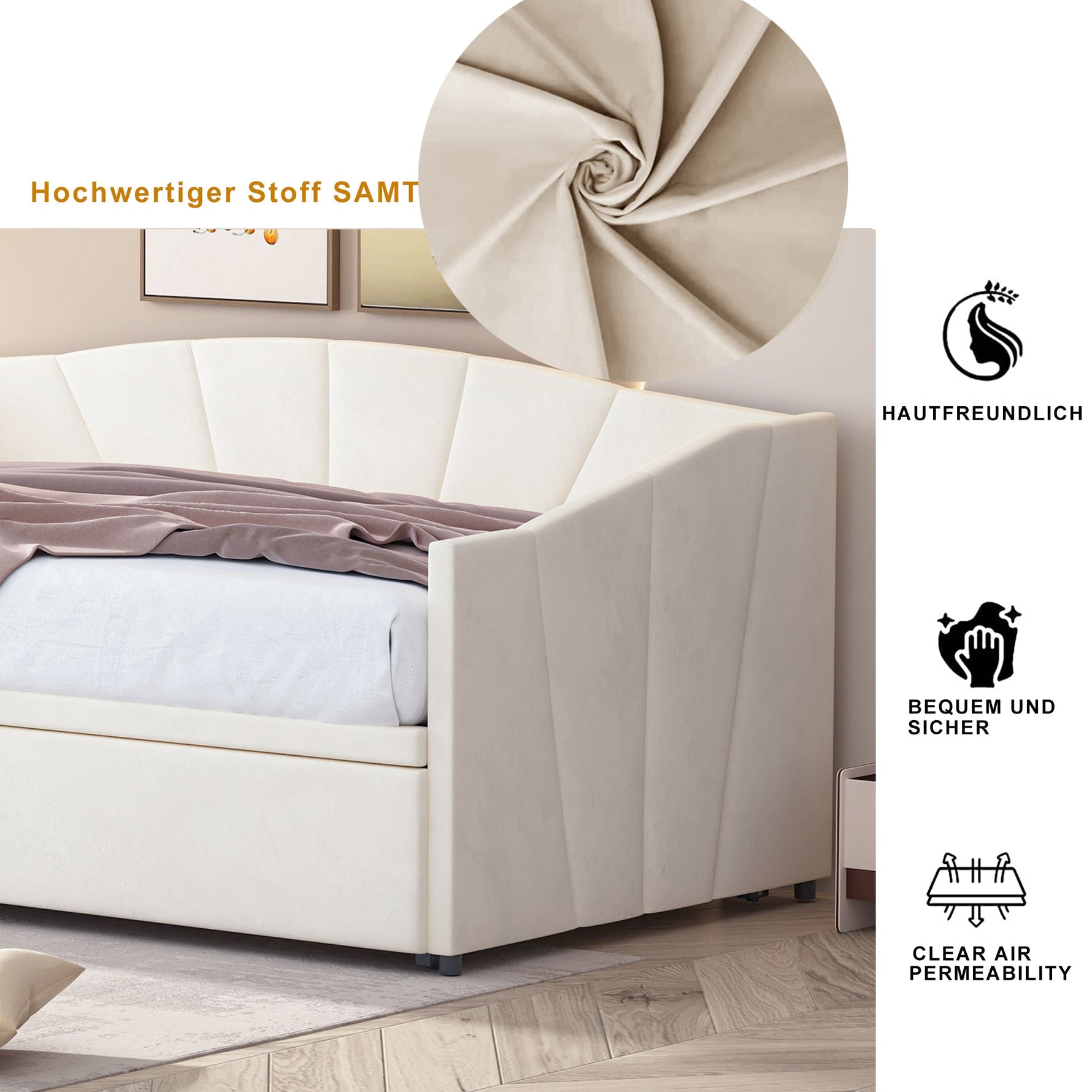 Upholstered Bed, Pull-out Sofa Bed 90/180*200 cm, Slatted Frames, Velvet Fabric, Beige