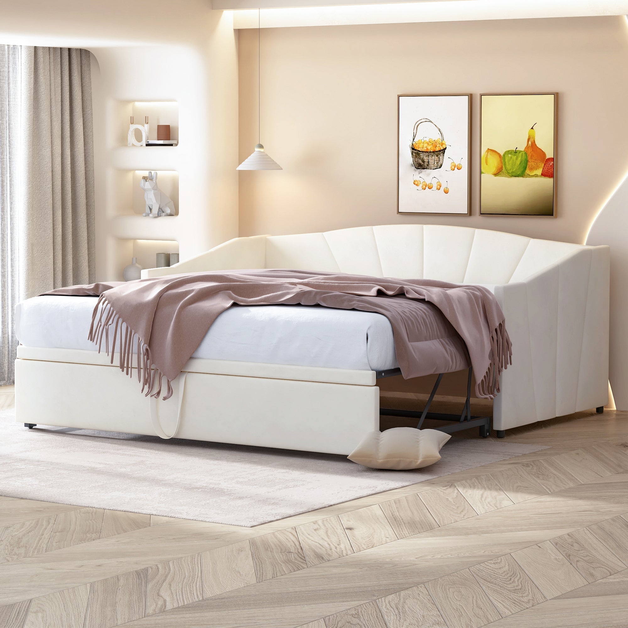 Upholstered Bed, Pull-out Sofa Bed 90/180*200 cm, Slatted Frames, Velvet Fabric, Beige