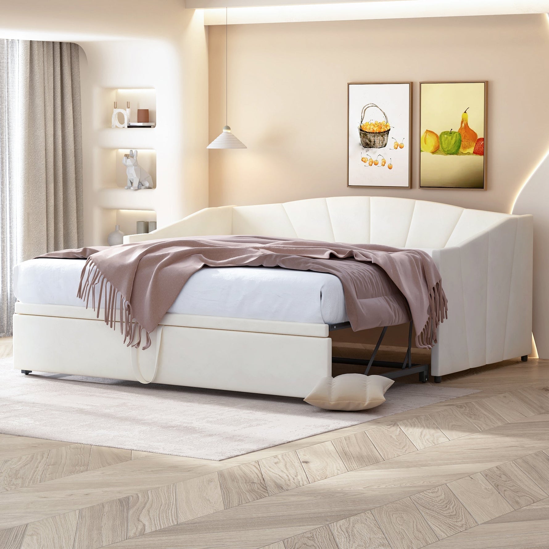 Upholstered Bed, Pull-out Sofa Bed 90/180*200 cm, Slatted Frames, Velvet Fabric, Beige