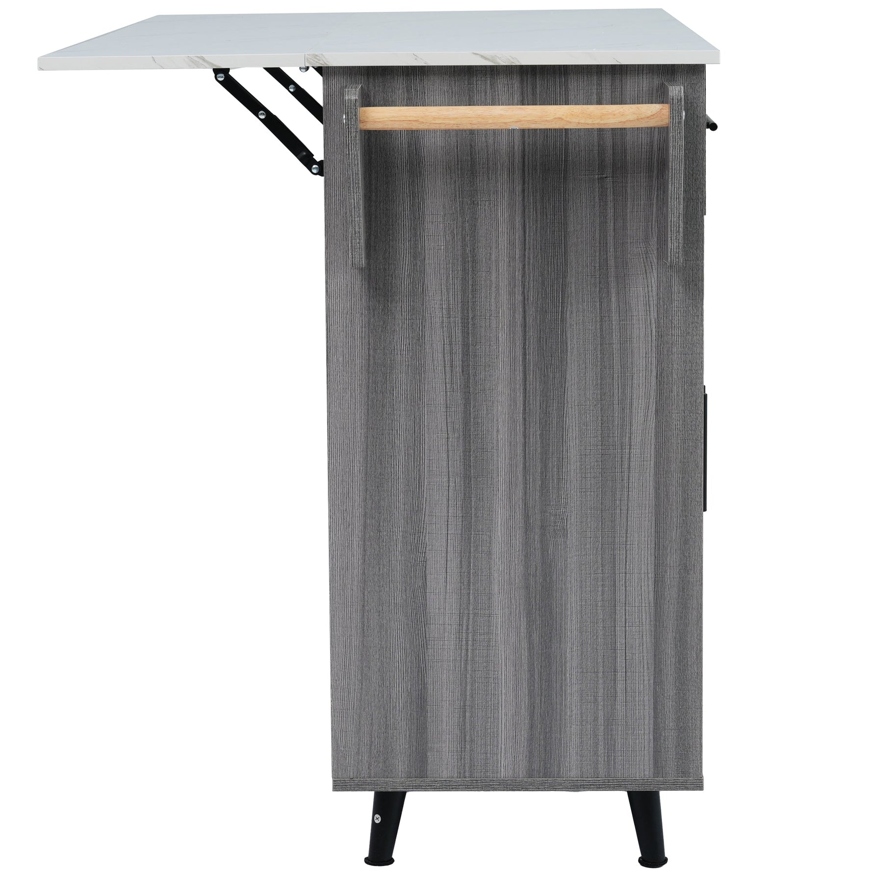 Dining Cart Sideboard Extendable White Marble Top Storage Wheels - Khaki Gray Wood Grain