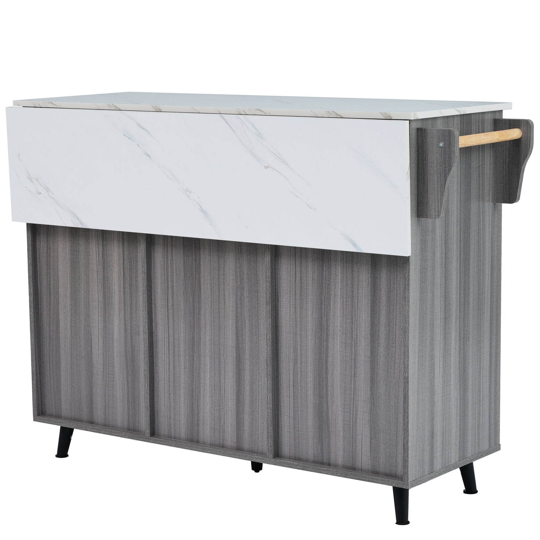 Dining Cart Sideboard Extendable White Marble Top Storage Wheels - Khaki Gray Wood Grain
