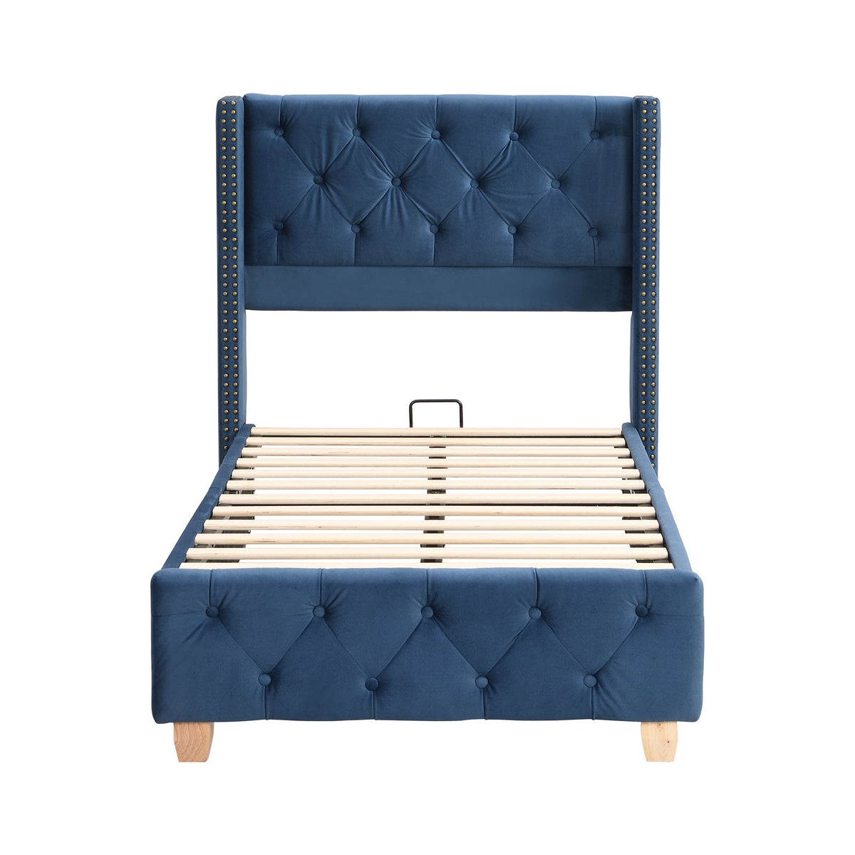 Upholstered Bed 90x200cm Slatted Frame Headboard Button Studded Upholstery Velvet Blue