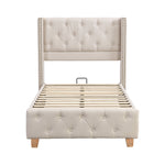 Upholstered Bed 90x200cm Slatted Frame Button Studded Headboard - Linen Beige