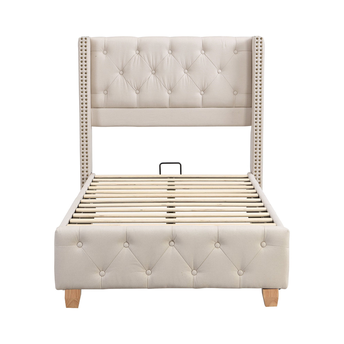 Upholstered Bed 90x200cm Slatted Frame Button Studded Headboard - Linen Beige
