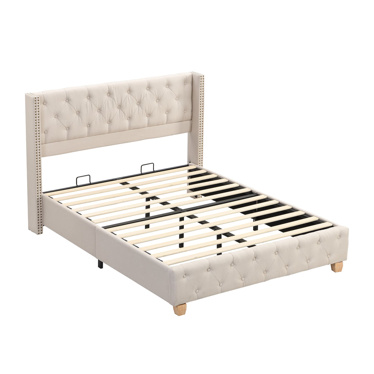 Upholstered Bed 160x200cm Button Studded Headboard Slatted Frame - Linen Beige