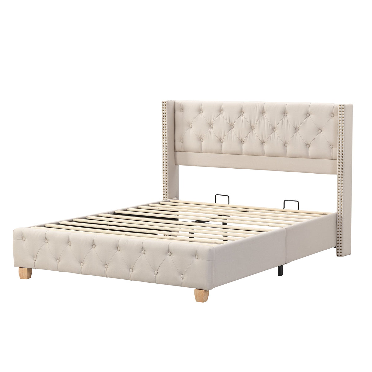 Upholstered Bed 160x200cm Button Studded Headboard Slatted Frame - Linen Beige