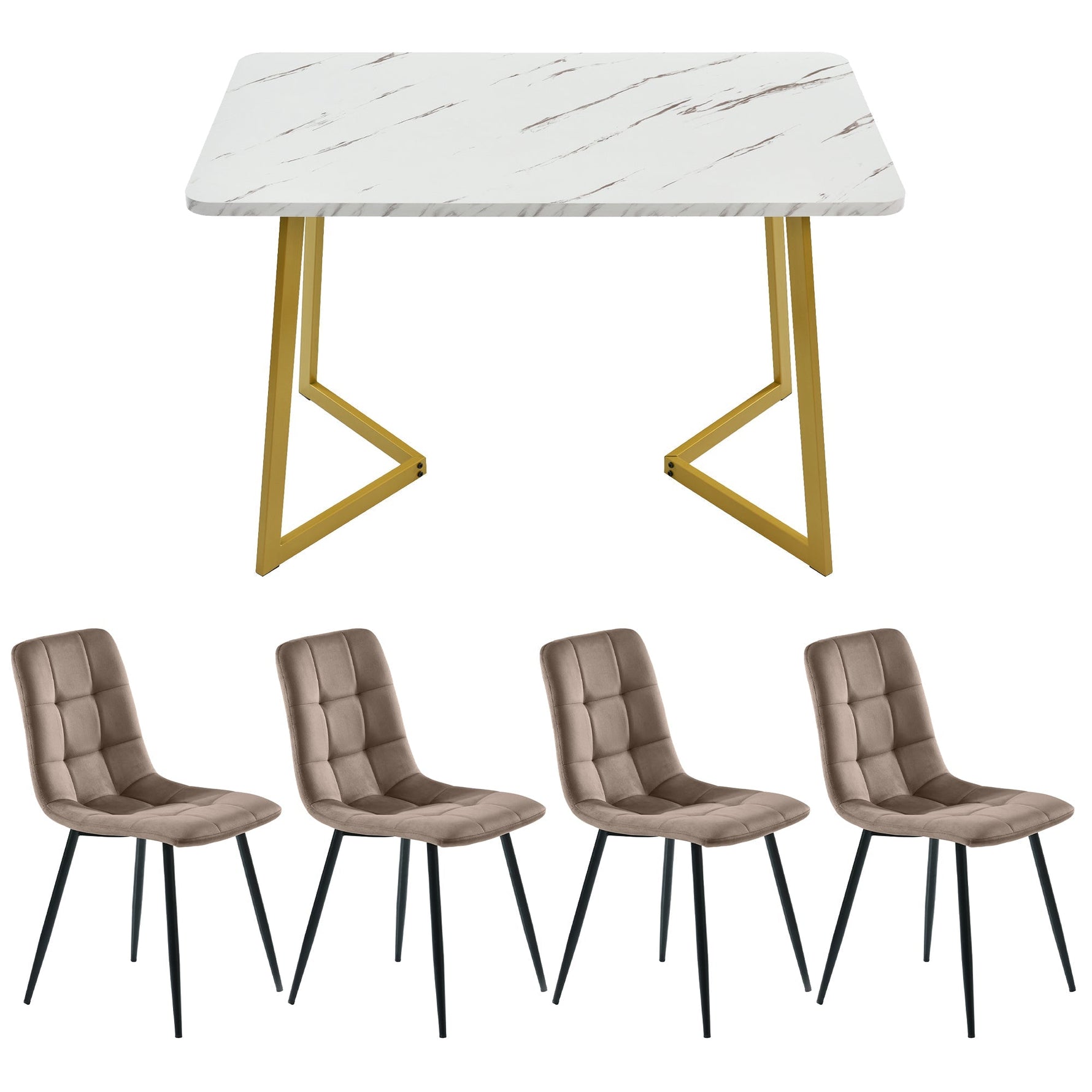 Dining Set 5-Piece Rectangular Modern Kitchen Table 4 Chairs Brown Velvet Gold Legs
