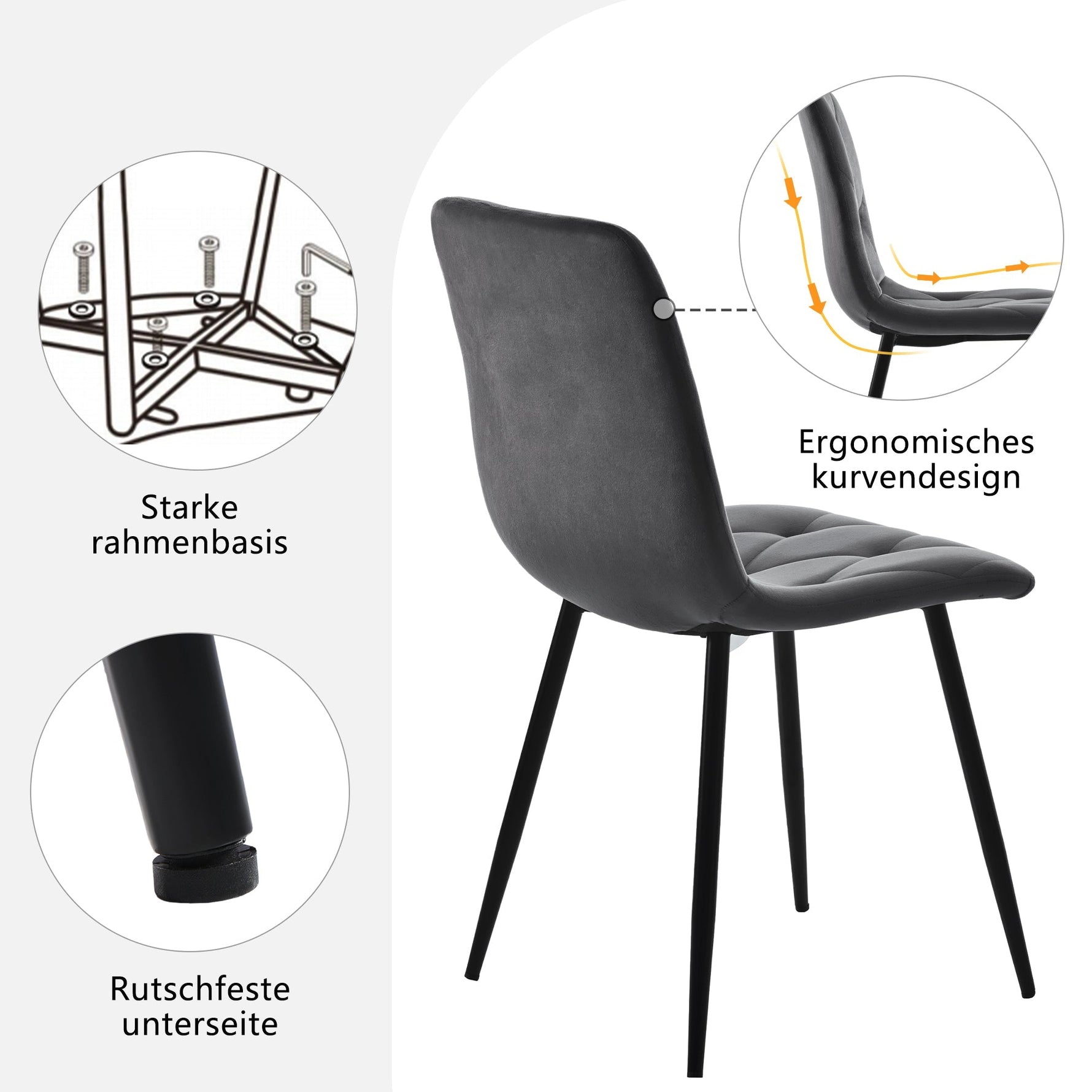 4 Dining Chairs Upholstered with Backrest Metal Legs Dark Grey Twill Velvet