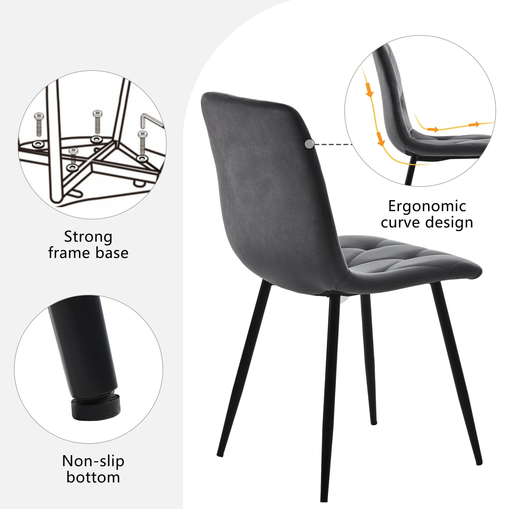 4 Dining Chairs Upholstered with Backrest Metal Legs Dark Grey Twill Velvet