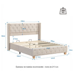 Upholstered Bed 140x190cm Slatted Base Headboard Button & Rivet Trim - Linen Beige