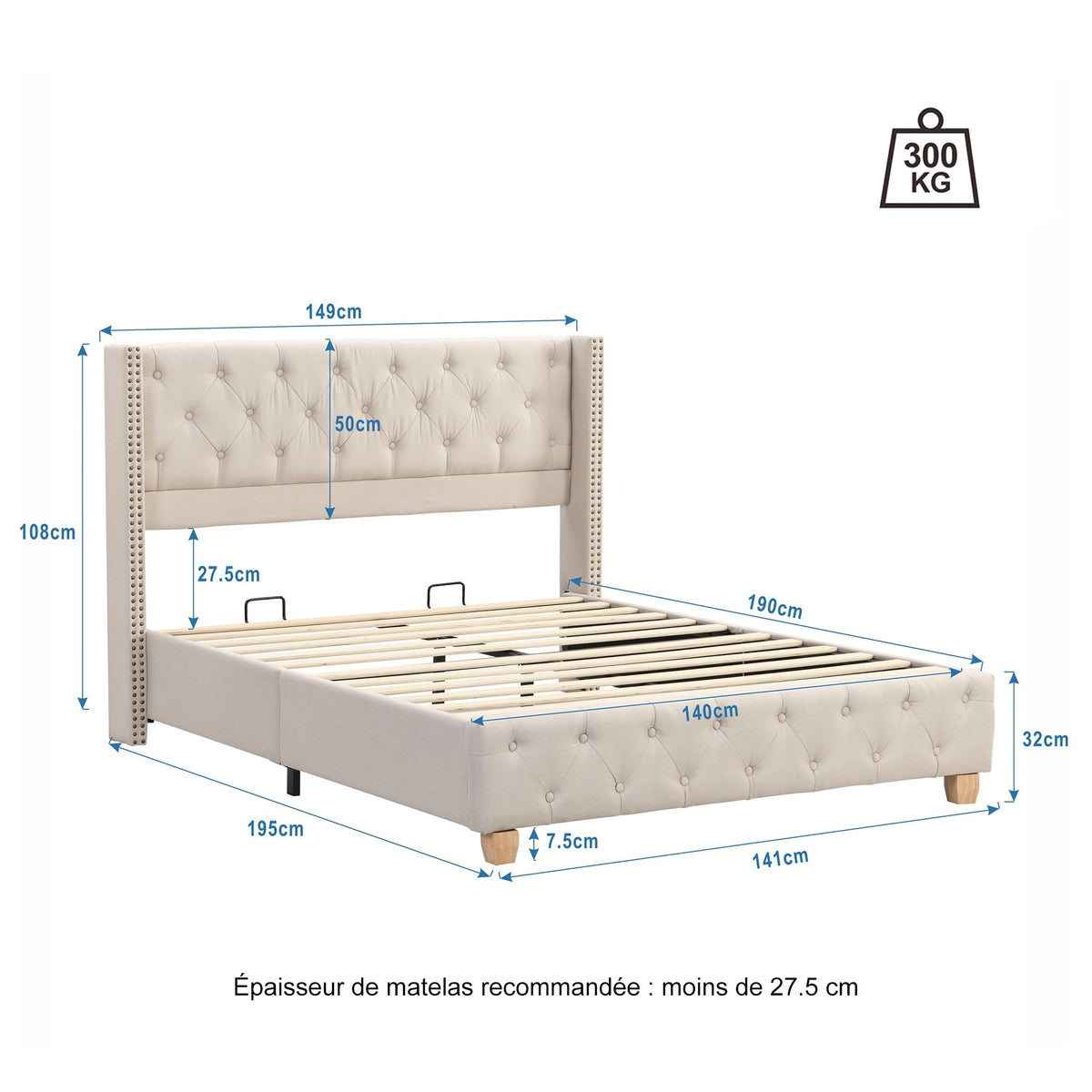 Upholstered Bed 140x190cm Slatted Base Headboard Button & Rivet Trim - Linen Beige