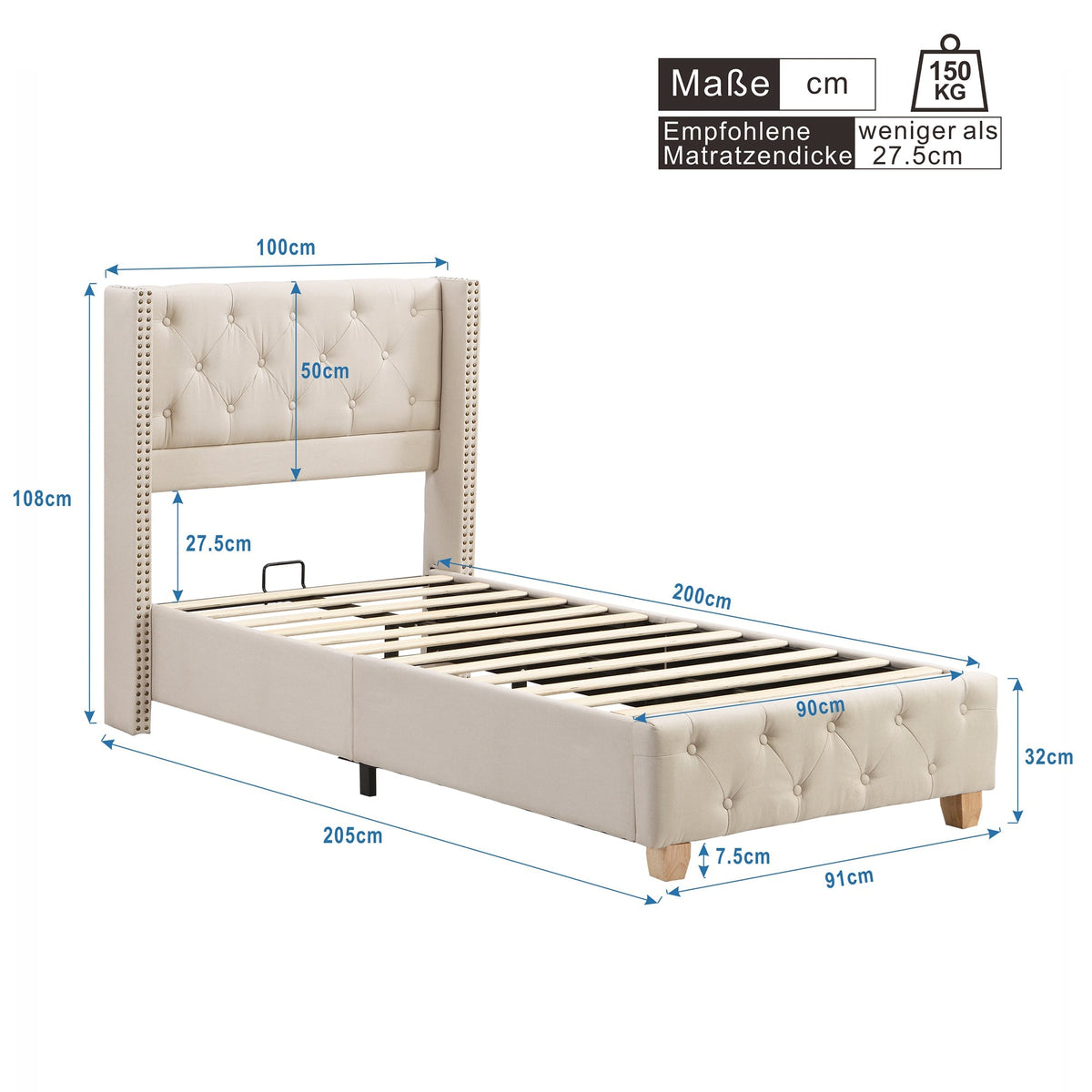 Upholstered Bed 90x200cm Slatted Frame Button Studded Headboard - Linen Beige