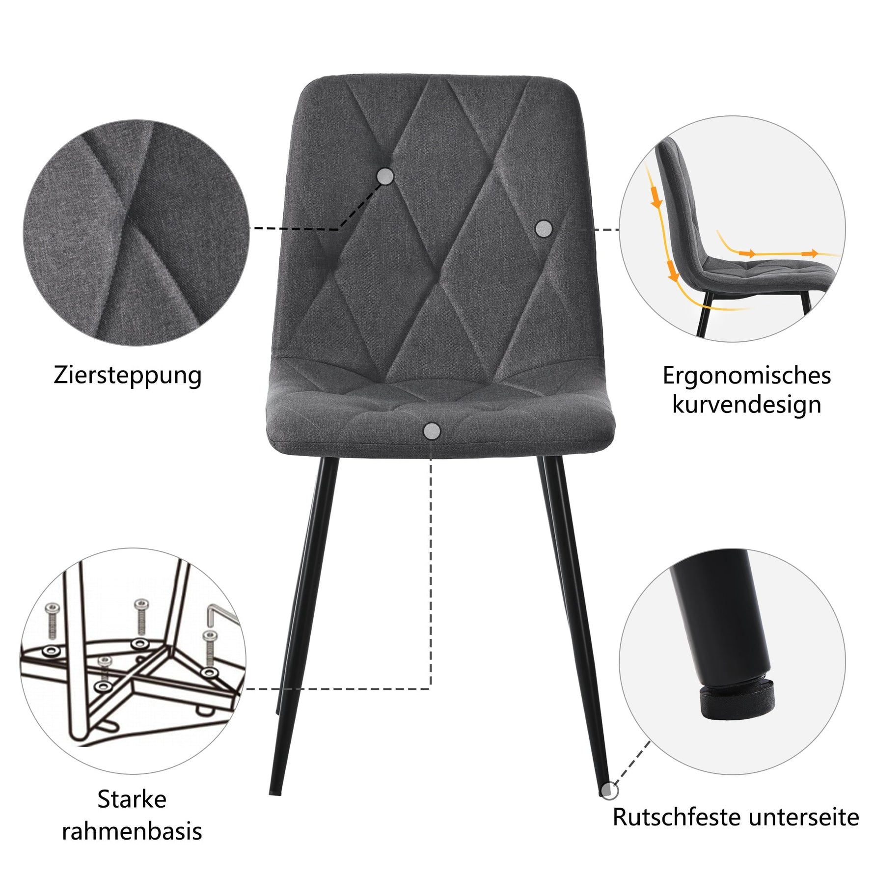 Dining Chairs Set of 4 Upholstered Designer with Backrest Twill Linen Metal Legs Dark Grey