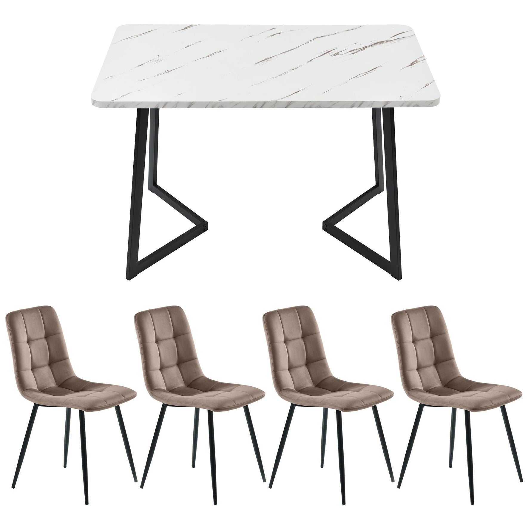 Dining Set 5-Piece Rectangular 117x68cm Table 4 Chairs Brown Velvet Black Legs