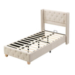 Upholstered Bed 90x200cm Slatted Frame Button Studded Headboard - Linen Beige