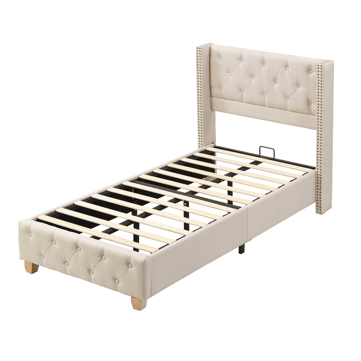 Upholstered Bed 90x200cm Slatted Frame Button Studded Headboard - Linen Beige