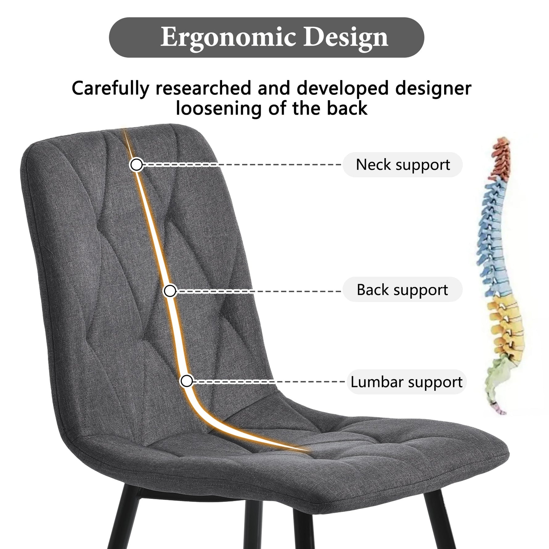 Dining Chairs Set of 4 Upholstered Designer with Backrest Twill Linen Metal Legs Dark Grey