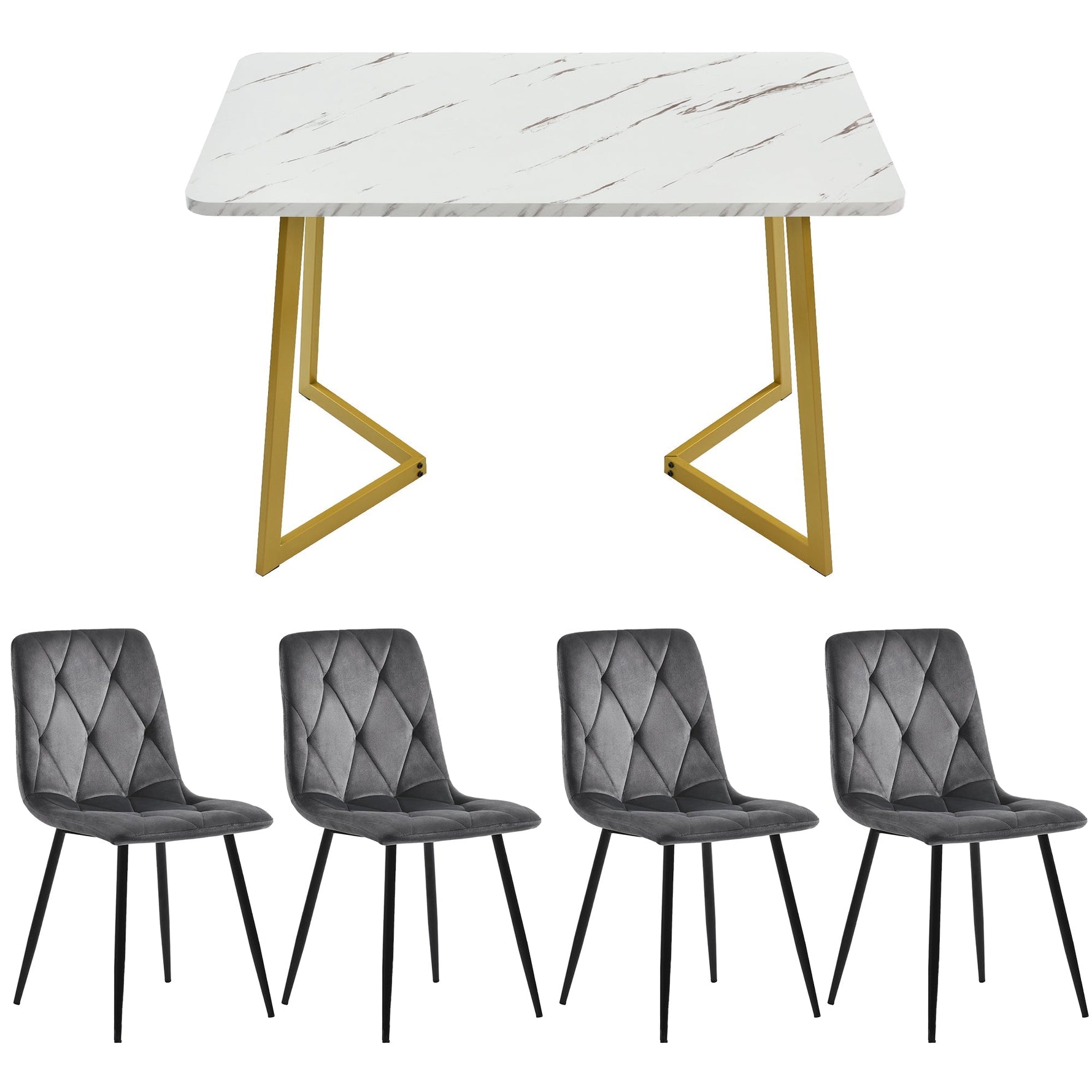 Dining Set 5-Piece Rectangular 117x68cm Table & 4 Chairs Dark Grey Velvet Gold