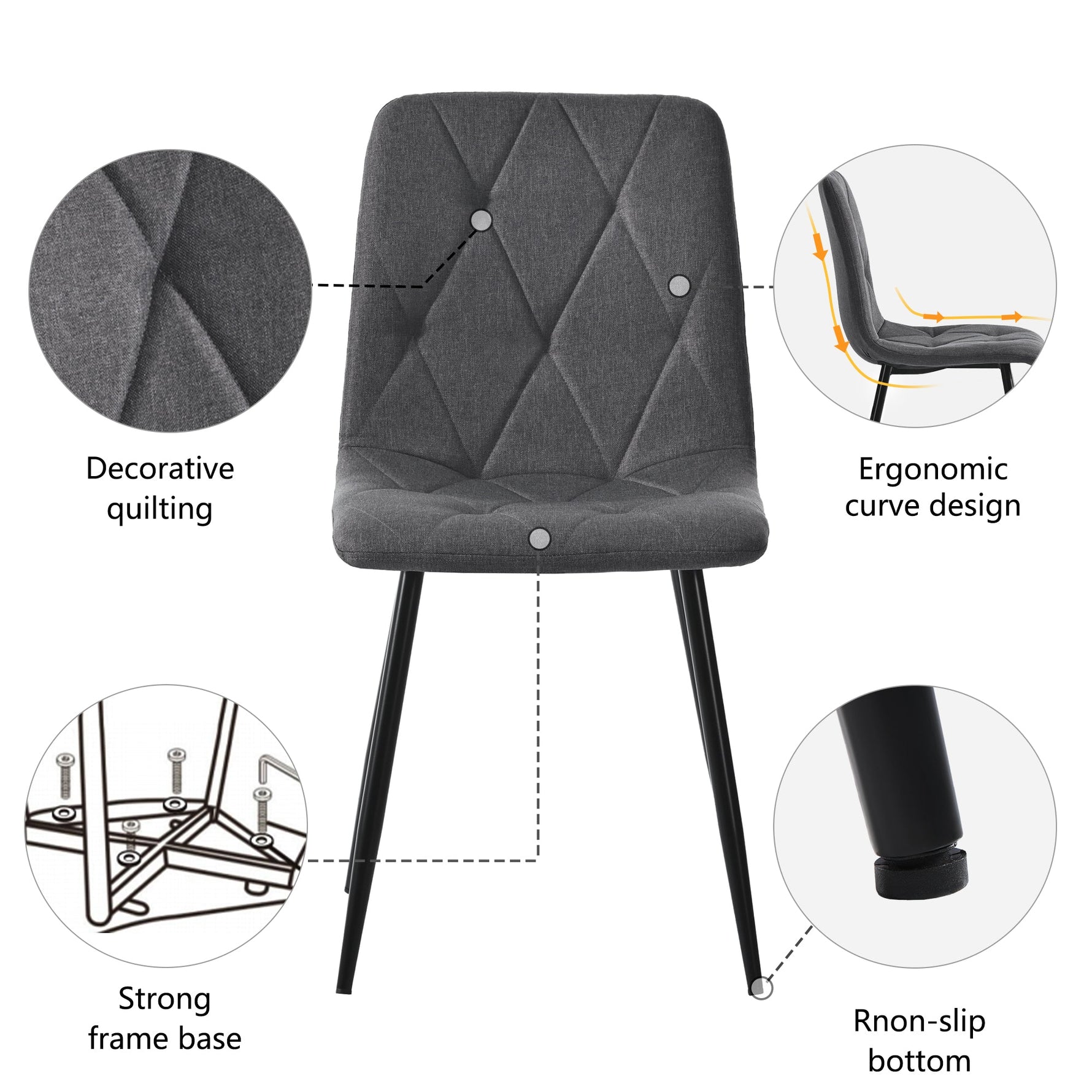 Dining Chairs Set of 4 Upholstered Designer with Backrest Twill Linen Metal Legs Dark Grey