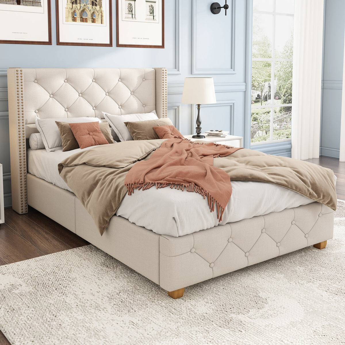 Upholstered Bed 90x200cm Slatted Frame Button Studded Headboard - Linen Beige