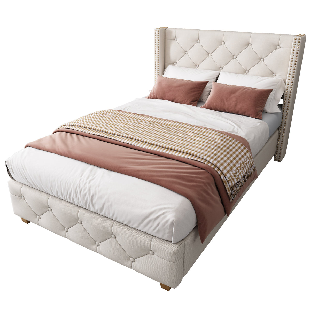 Upholstered Bed 90x200cm Slatted Frame Button Studded Headboard - Linen Beige