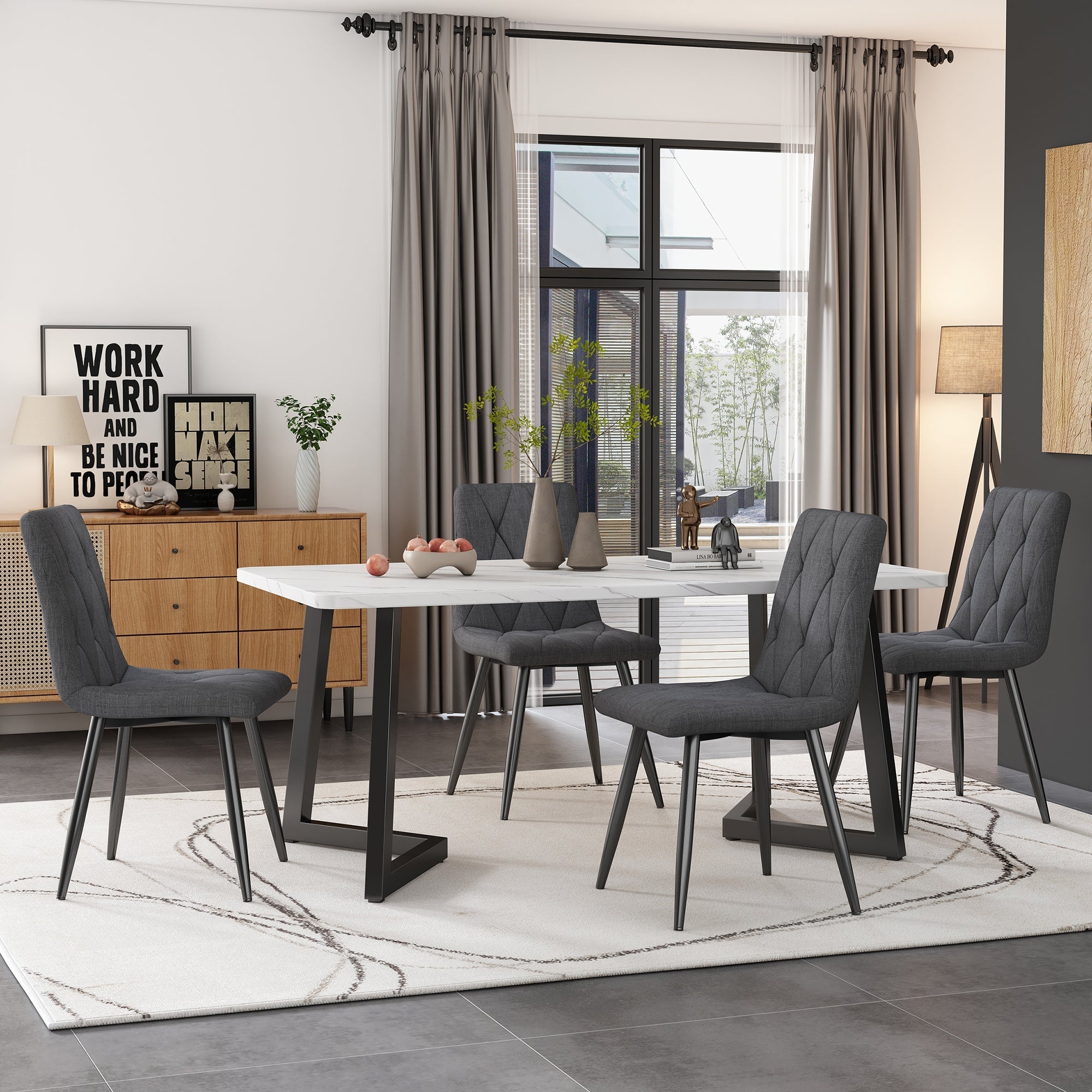Dining Set 5-Piece Rectangular Table 117x68cm with 4 Chairs, Dark Grey Twill Linen Fabric and Black Metal Legs
