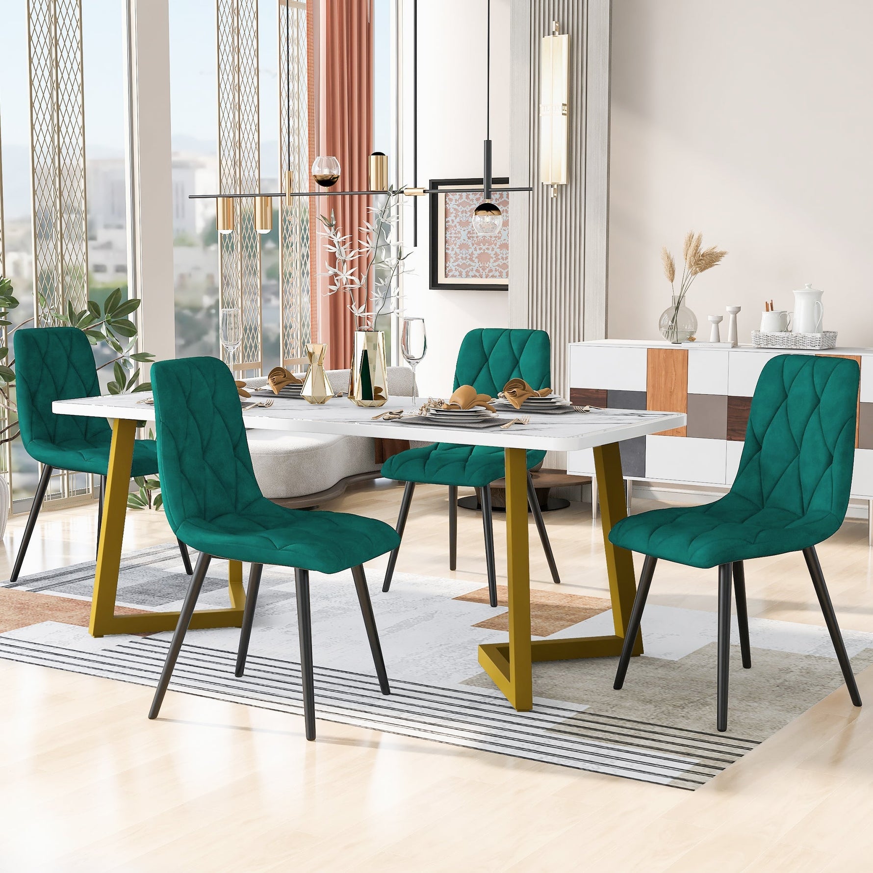 Dining Set 5-Piece Rectangular Table 117x68cm 4 Chairs Dark Green Twill Velvet Gold Legs