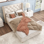 Upholstered Bed 90x200cm Slatted Frame Button Studded Headboard - Linen Beige
