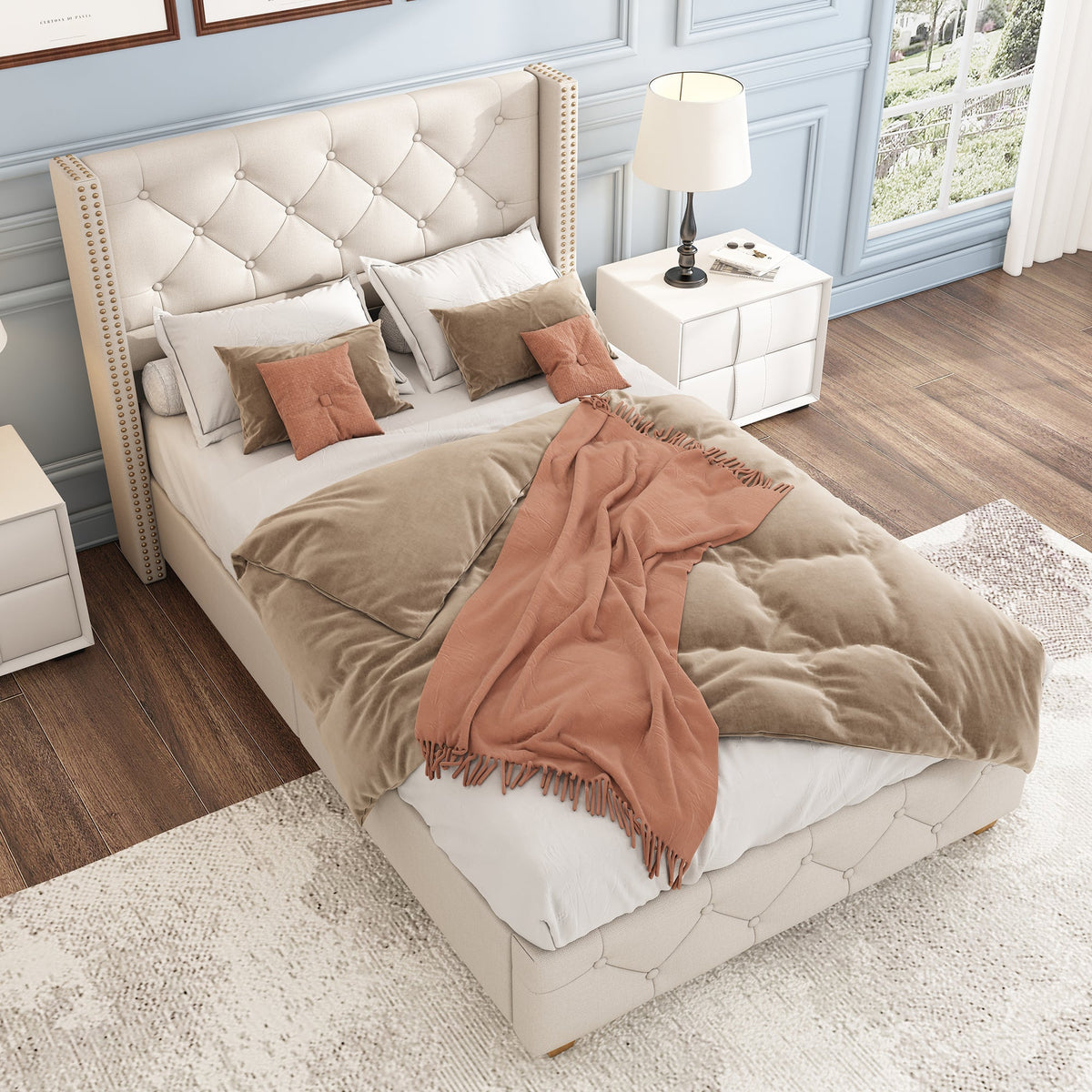 Upholstered Bed 90x200cm Slatted Frame Button Studded Headboard - Linen Beige