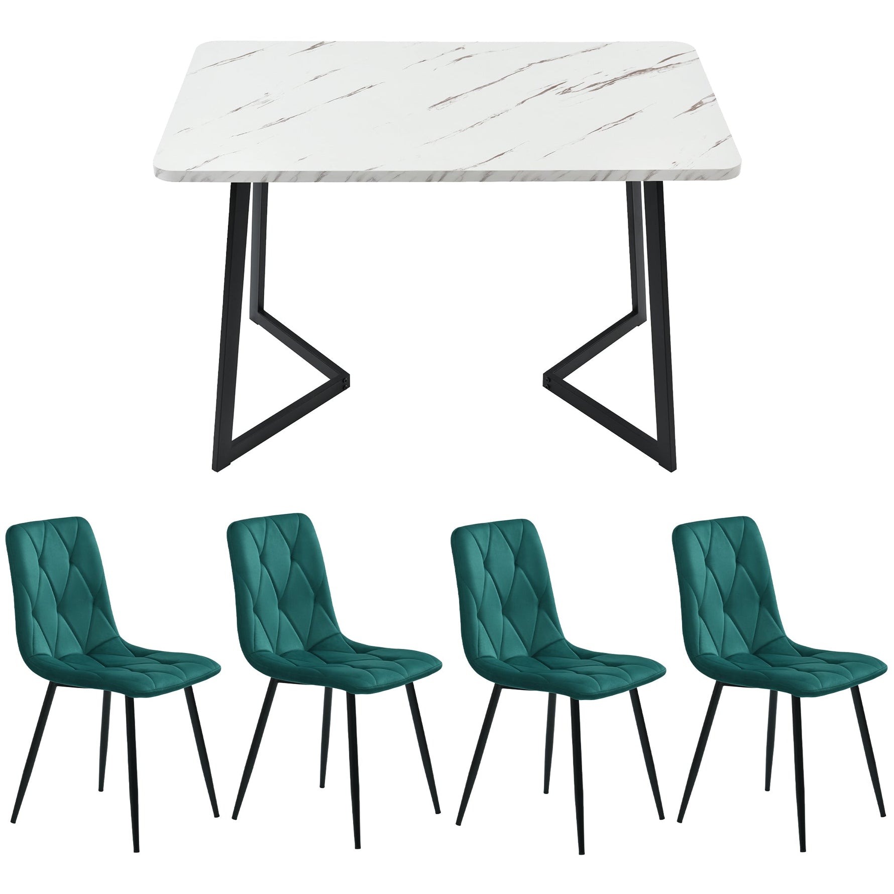 Dining Set 5-Piece 117x68cm Rectangular Table 4 Dark Green Twill Velvet Chairs Black