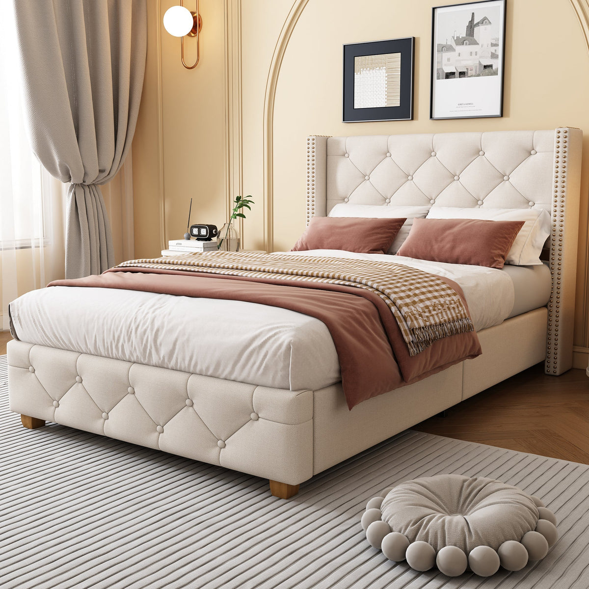Upholstered Bed 90x200cm Slatted Frame Button Studded Headboard - Linen Beige
