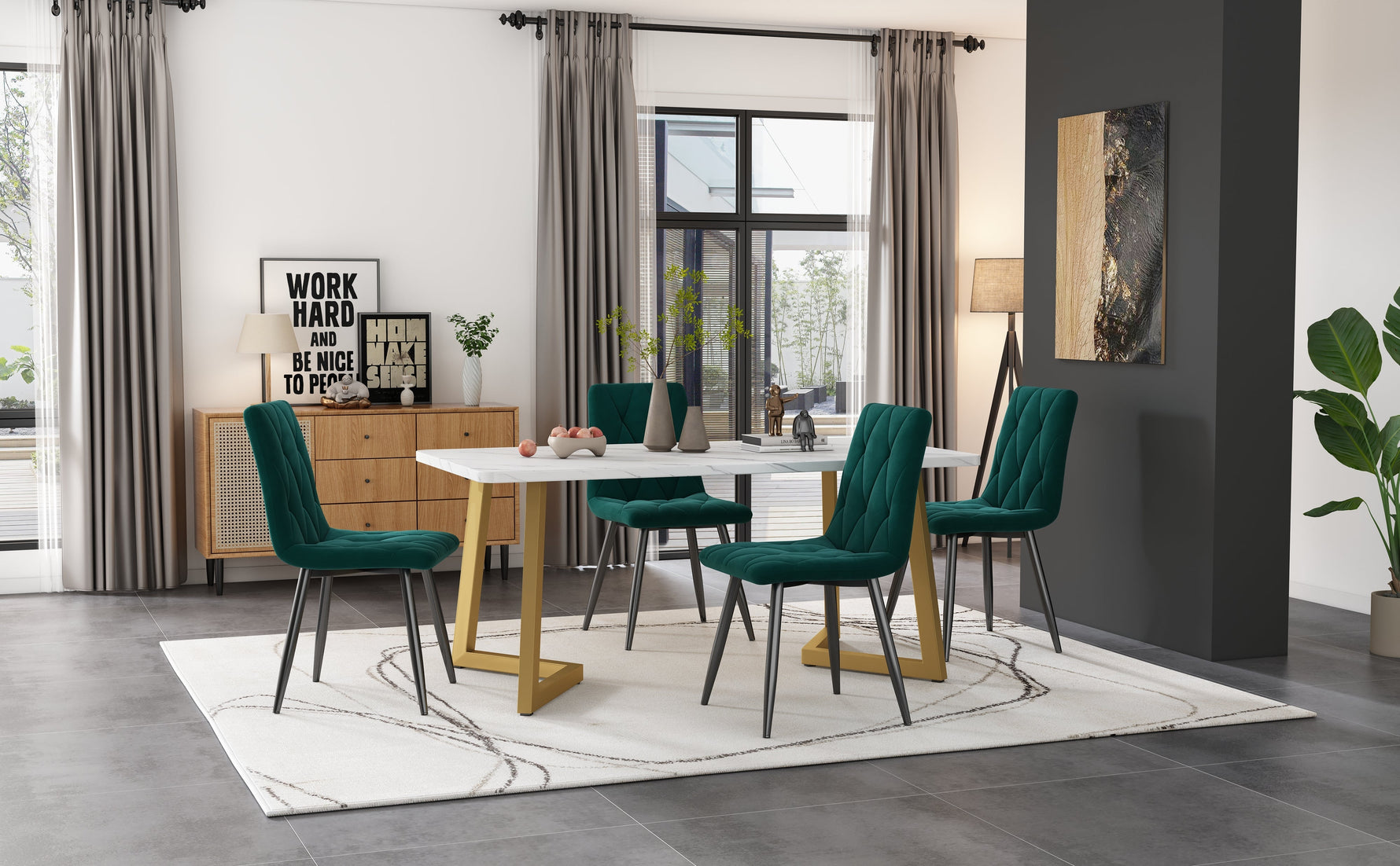 Dining Set 5-Piece Rectangular Table 117x68cm 4 Chairs Dark Green Twill Velvet Gold Legs