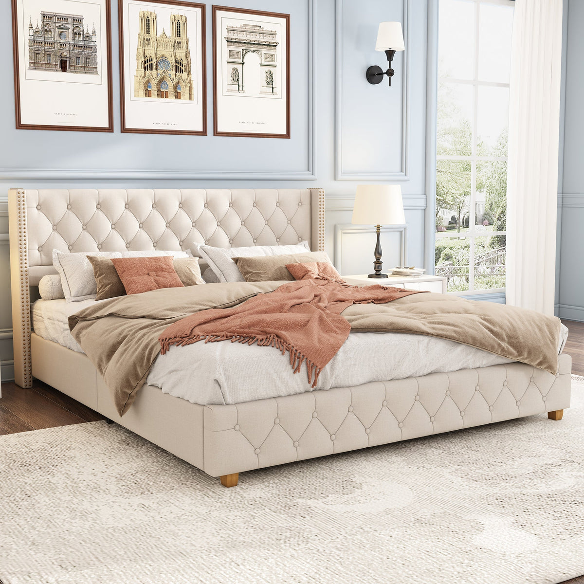 Upholstered Bed 140x190cm Slatted Base Headboard Button & Rivet Trim - Linen Beige