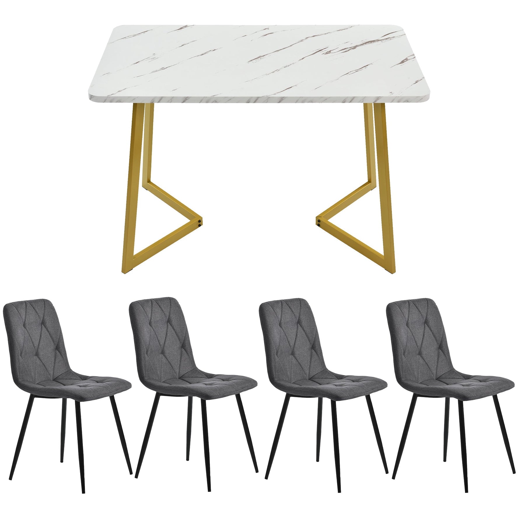 Dining Set 5-Piece 117x68cm Rectangular Table 4 Chairs Dark Grey Twill Linen Golden Legs