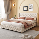 Upholstered Bed 160x200cm Button Studded Headboard Slatted Frame - Linen Beige