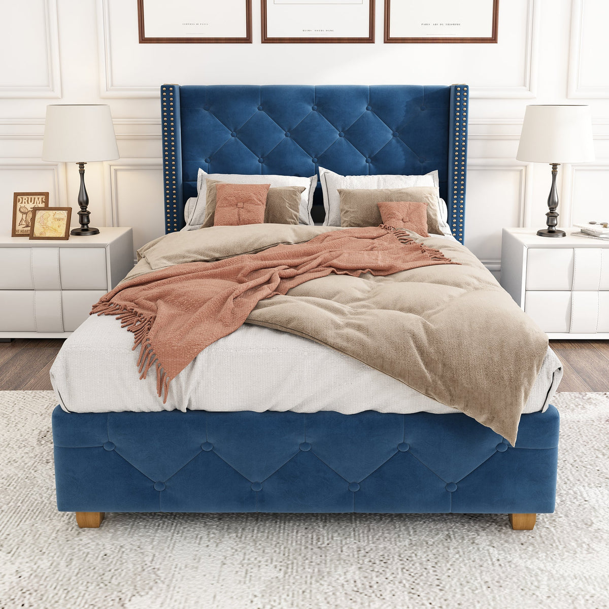 Upholstered Bed 90x200cm Slatted Frame Headboard Button Studded Upholstery Velvet Blue