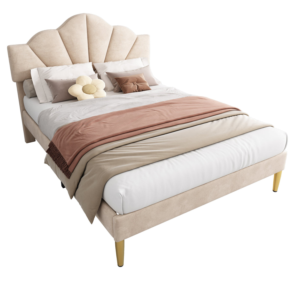 Velvet Upholstered Bed 140x190cm Shell Shape Adjustable Headboard Beige