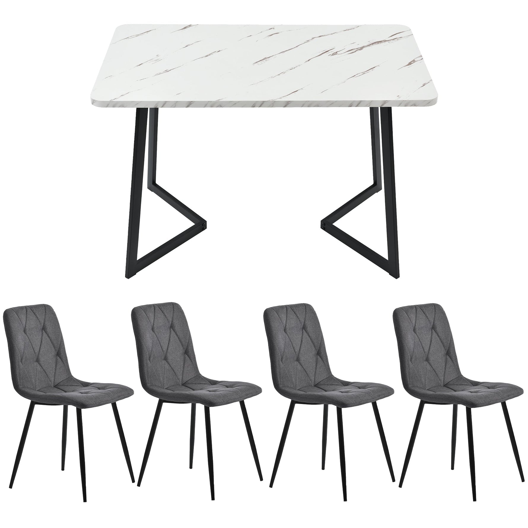 Dining Set 5-Piece Rectangular Table 117x68cm with 4 Chairs, Dark Grey Twill Linen Fabric and Black Metal Legs