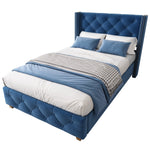Upholstered Bed 90x200cm Slatted Frame Headboard Button Studded Upholstery Velvet Blue