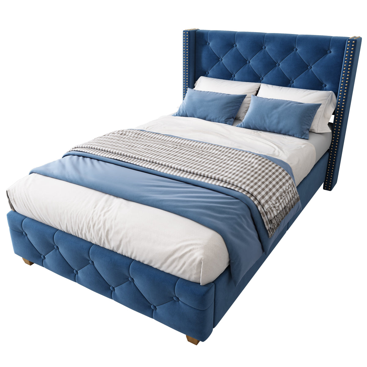 Upholstered Bed 90x200cm Slatted Frame Headboard Button Studded Upholstery Velvet Blue