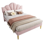 Upholstered Double Bed 140x190 Shell Design Pink Velvet