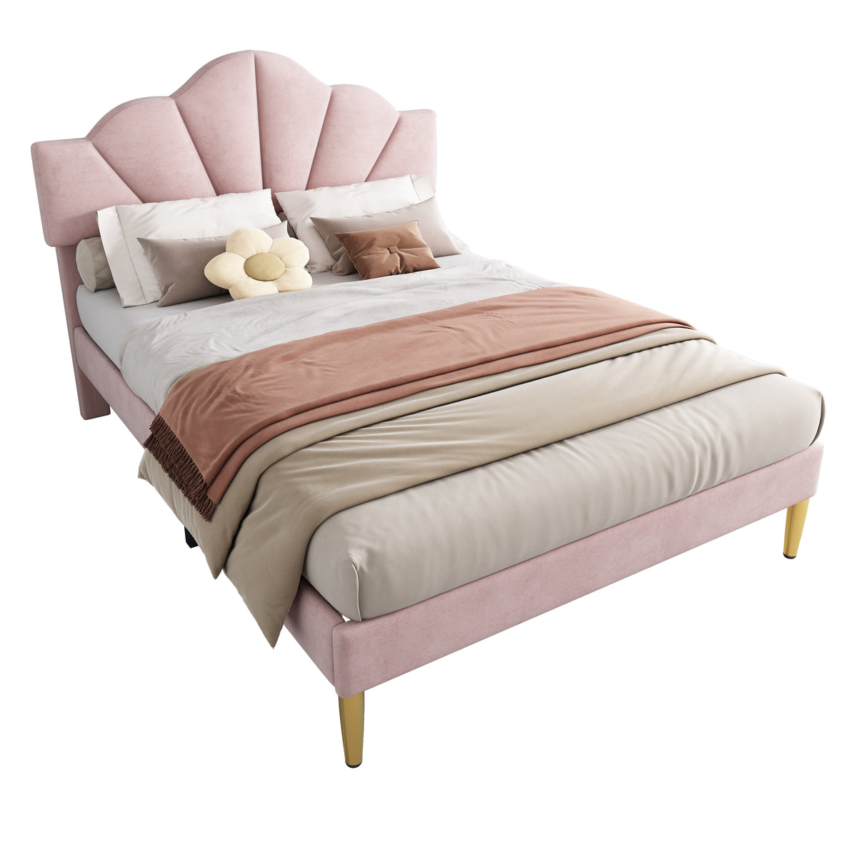 Upholstered Double Bed 140x190 Shell Design Pink Velvet