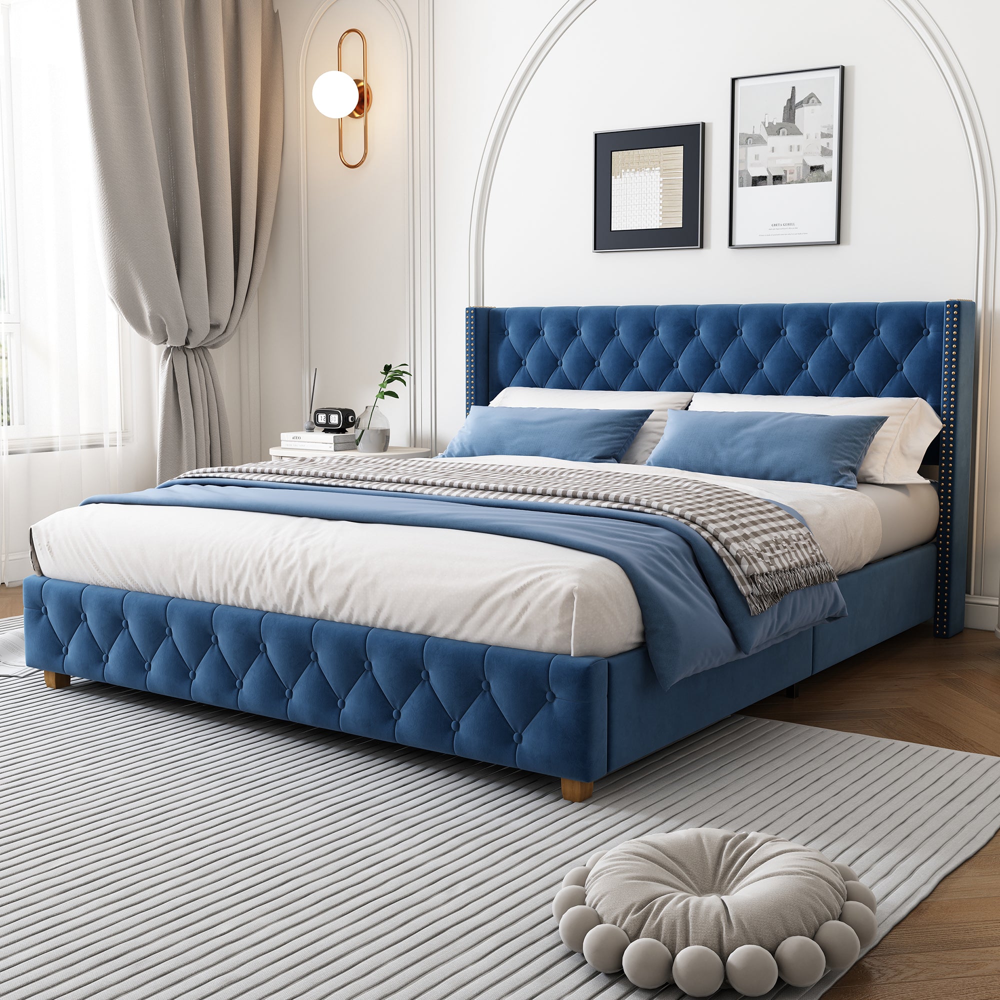 Upholstered Bed 160x200cm Button & Studded Headboard - Velvet Blue