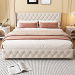 Upholstered Bed 140x190cm Slatted Base Headboard Button & Rivet Trim - Linen Beige